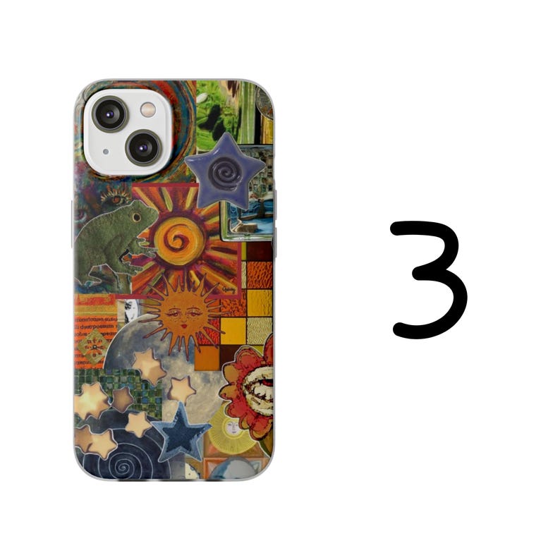 May include: A colorful phone case featuring a collage of whimsical illustrations. The design includes a green frog, suns, stars, and a flower. The case has a glossy finish and is designed for a smartphone.