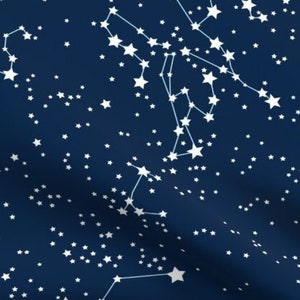Resto de tela 11" L x 54" W - "Mapa de nuestro cielo" - Algodón orgánico. Estrellas, Galaxias, Constelaciones. Azul blanco.
