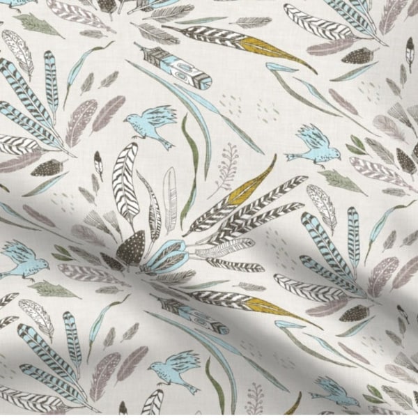 Noir Feathers Cream Fabric Remnant - Cotton Fabric Remnant 21"L x 54" W - Organic Cotton Sateen