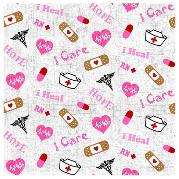 Nurse Cotton Fabric - Fabric with Cute Nurse and Care Print - Fabric By The Half Yard. 100% Cotton Quilting Fabric - Hope, Heal, Care. Pink