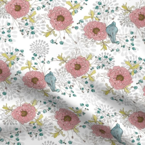 Peonies & Blue Birds Fabric Remnant - Cotton Fabric Remnant 15"L x 54" W - Organic Cotton Sateen