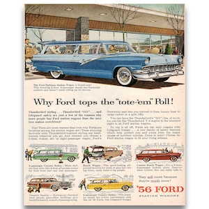 Vintage Car Advertisement, 1956 Ford Station Wagon, Magazine Ad