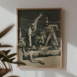 Vintage Boxing Match Illustrated Poster Art, Boxing Poster, Sports Art Poster, Boxers in Boxing Ring, Printable Poster Art, MCM Art