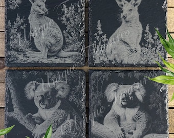 Laser Engraved Slate Coasters: Australian Animals, Set of 4