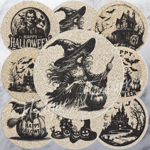 May include: A set of round cork coasters featuring black ink illustrations of Halloween themes including a vampire, witches, haunted houses, bats, pumpkins, and the text Happy Halloween. Each coaster displays a detailed, dark, and atmospheric scene.