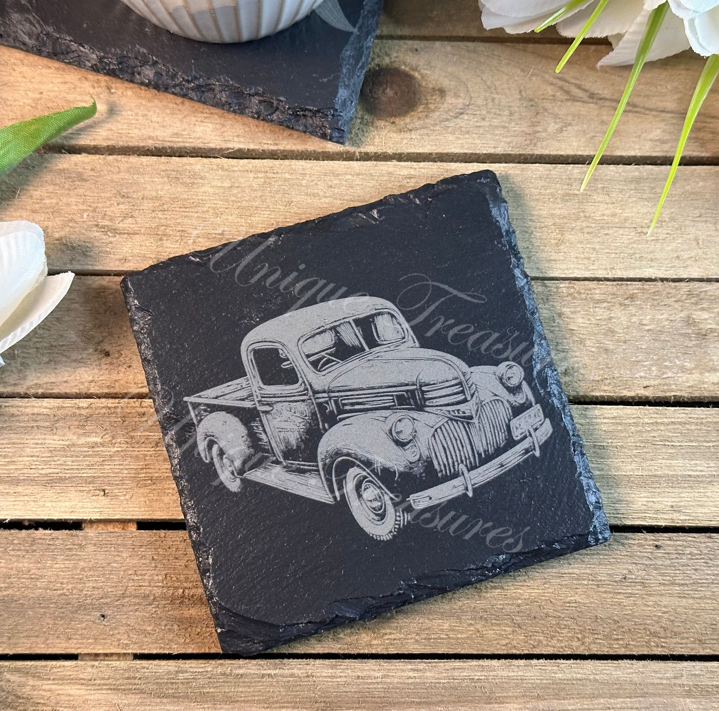 Laser Engraved Slate Coasters: Vintage Truck Art, Set of 4 - Etsy