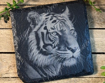 Laser Engraved Slate Coasters, Wildlife, Tiger, Cheetah, Leopard, Elephant, Deer, Fox, Squirrel, Raccoon, Set of 4 or 6, Great gift idea.