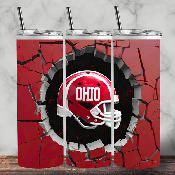 Ohio State Buckeyes Football Red Tumbler, 3d Cracked Wall Osu Football Tumbler Wrap Sublimation, Ohio State Hoodie Sublimation Design 20 oz