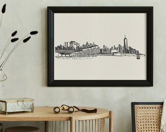 May include: Black and white line drawing of the New York City skyline, framed in a black frame and hanging on a light gray wall.
