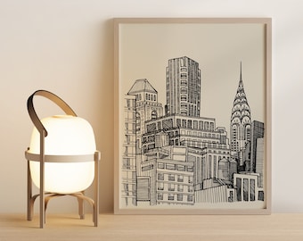New York City Skyline Poster | NYC Chrysler Building Drawing | Cityscape | Downloadable Print
