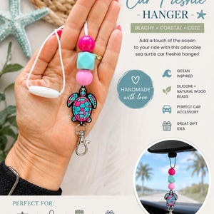 May include: Sea turtle car freshie hanger with pink, turquoise, and pink beads. The sea turtle charm is black, turquoise, and pink. The text says "Sea Turtle Car Freshie - Hanger" and "Handmade with love."