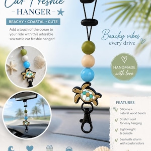 Sea Turtle Car Freshie Hanger, Silicone Beaded Beach Accessory (7-8 inches)