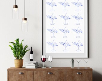 Impresión de chica de martini azul, arte de pared con carrito de bar para la hora feliz, imprimible con carrito de bar, arte de cóctel retro, letrero de bebida para fiestas, descarga instantánea