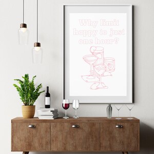 PINK  Happy Hour Print, Happy Hour Bar Cart Wall Art, Bar Cart Printable, Retro Cocktail Art, Party Drink Sign, Instant Download