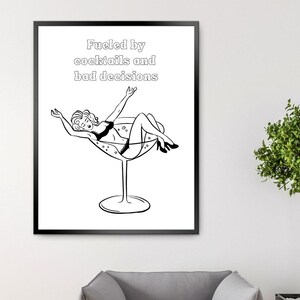 BLACK Bad Decisions Martini Print, Happy Hour Bar Cart kunst aan de muur, Bar Cart afdrukbare, Retro Cocktail Art, Party Drink Sign, Instant Download