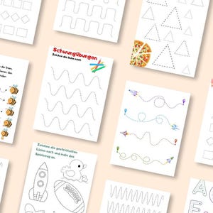 Könnte beinhalten: Ein Satz druckbarer Arbeitsblätter für Kinder, um das Nachzeichnen von Linien und Formen zu üben. Die Arbeitsblätter haben verschiedene Themen, darunter Bienen, Wellen, Raketen und Buchstaben.