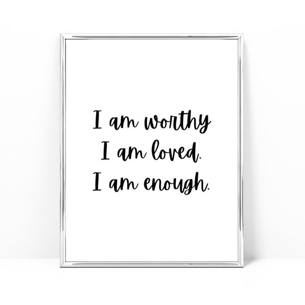 Inspirational wall art, I am worthy, teen room decor, pink room decor, printable wall art, positive affirmations, gift for women, I am loved