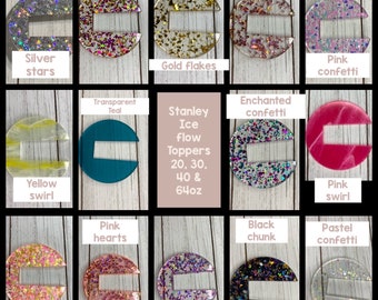 May include: A collage of 12 different resin bottle stoppers with various glitter and colour combinations. The stoppers are labelled with names like "Lemonade confetti", "Pink flakes", "Silver stars", "Gold flakes", "Pink confetti", "Transparent Teal", "Stanley Ice flow Toppers 20, 30, 40 & 64oz", "Enchanted confetti", "Yellow swirl", "Pink swirl", "Pink hearts", "Black chunk", "Pastel confetti", "Yellow confetti", "Purple moons".