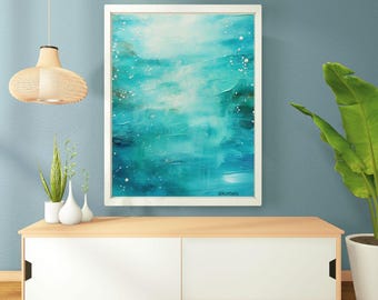 Afdrukbare muurkunst poster digitale kunst blauw water oceaan zee abstract schilderij woondecoratie