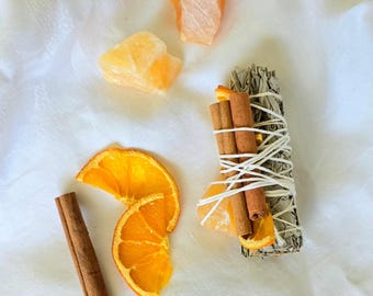 Crystal Smudge Stick Bundle Energy Cleansing Kit House Blessing Sage Mugwort Orange Ritual Bundle Spiritual Gift Home Meditation Space