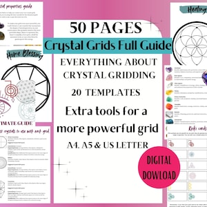 May include: A digital download guide for creating crystal grids. The guide includes 50 pages, 20 templates, and extra tools for a more powerful grid. The cover features a pink background with a black and white image of a crystal grid and the text "50 PAGES Crystal Grids Full Guide EVERYTHING ABOUT CRYSTAL GRIDDING 20 TEMPLATES Extra tools for a more powerful grid A4, A5 & US LETTER DIGITAL DOWNLOAD".