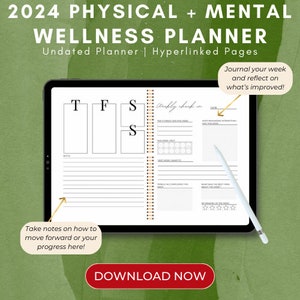 Puede incluir: Un planificador de bienestar digital para 2024, mostrado en una tableta. El planificador presenta páginas sin fecha y está diseñado para el bienestar físico y mental. Incluye secciones para controles semanales y toma de notas. También incluye el texto "Descargar ahora".