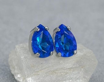 Blue Sapphire Stud Earrings, Teardrop Crystal Studs, Elegant Blue Earrings, Gift for Her