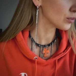 Orange Agate Cross Choker: Gothic Black Bead & Chain Necklace