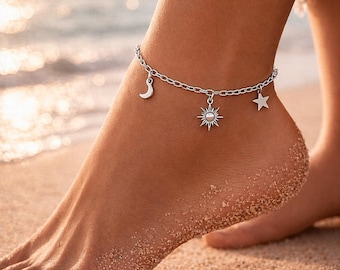 Sol Mån Stjärna Fotlänk, Himmelsk Fotlänk Silver, Elegant Fotlänksarmband, Minimalistiska Strandsmycken, Present till Henne, Sommarfotlänk