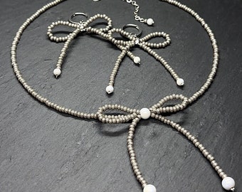 Handmade Beads Bow Choker. Gorgeous Trendy Bow Necklace - Unique and Glamorous, Elegant Beads Necklace. Grey Jewelry Set