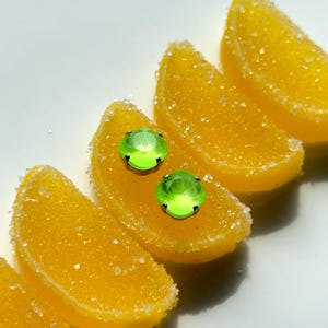 Neon Green Crystal Stud Earrings: Silver-Tone Brass, Square Faceted Jewelry
