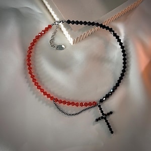Halloween Gothic Cross Necklace – Black and Red Crystal Choker with Beaded Cross – Edgy Alternative Jewelry for Spooky Season