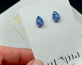 Ice Blue Teardrop Stud Earrings: Shimmering Crystal Glass Look