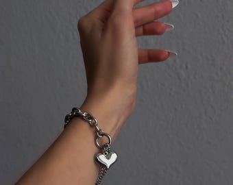 Silver Paperclip Chain Bracelet with Heart Charm - Stainless Steel