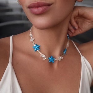 Starfish Choker Necklace – Beachy Ceramic Starfish & Agate Beads, Ocean Inspired Summer Jewelry