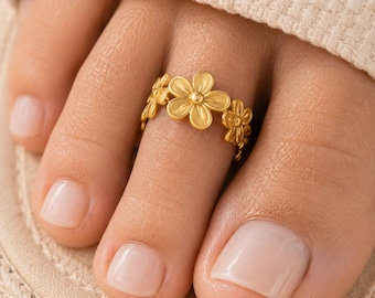 Bague d'orteil délicate en or, anneau d'orteil fleur minimaliste, anneau d'orteil réglable, bijoux d'été, bijoux de plage, cadeau côtier pour elle