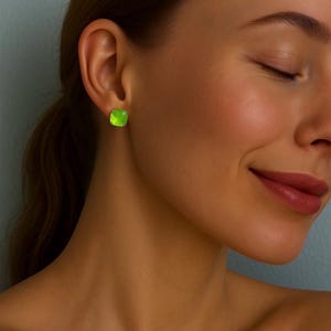 Neon Green Crystal Stud Earrings: 10mm Square Peridot Lacquer