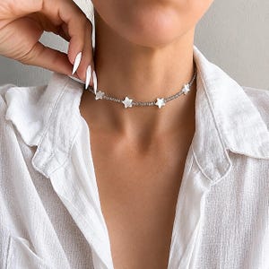 Iridescent Star Choker, Grey Glass Bead Necklace, Mother of Pearl Stars, Celestial Choker