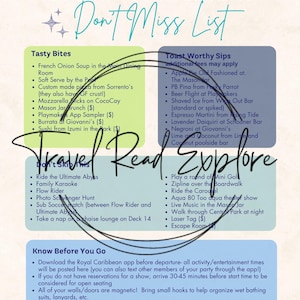 Pode incluir: Infográfico colorido "Utopia of the Seas Don't Miss List" com seções para "Tasty Bites", "Toast Worthy Sips", "Don't Skip This" e "Travel Read Explore". Lista diversas atividades e opções gastronômicas.