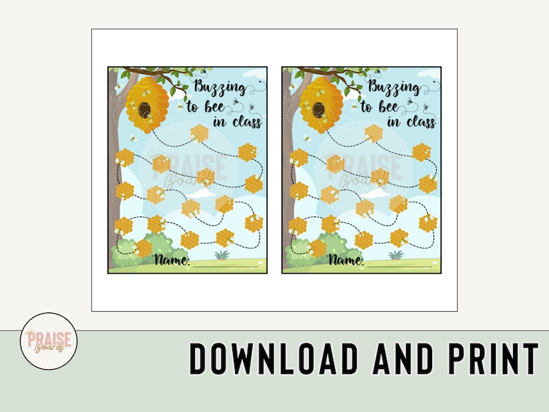May include: Two printable reward charts with a bee theme. Each chart features a beehive, bees, and honeycomb shapes. The text "Buzzing to bee in class" is displayed above the honeycomb path. The bottom of the chart has a space for a name.
