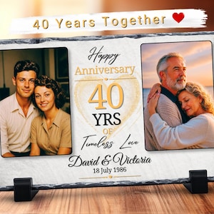 May include: A rectangular slate plaque with rough edges featuring two photo panels, the text 40 Years Together, Happy Anniversary, 40 YRS OF Timeless Love, David & Victoria, and the date 18 July 1986, supported by two black plastic stands.