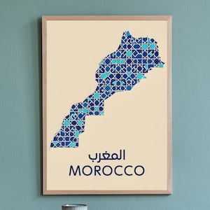 Mapa do Marrocos em Arte de Parede, Impressão com Padrão de Azulejo Zellige, Decoração Marroquina para Casa, Presente Cultural