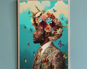 May include: A framed art print featuring a man with a floral headdress and a patterned suit. Butterflies flutter around the subject against a teal and cloud background. The artwork is displayed on a teal wall.