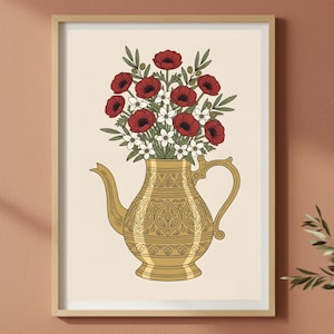 Islamic Floral Vase Wall Art | Middle Eastern Botanical Print | Elegant Ornamental Teapot Illustration| Cultural Home Decor Digital Download