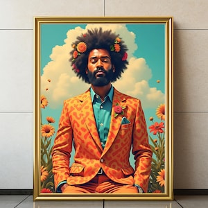 Può includere: Stampa artistica incorniciata con un ritratto di una persona in un abito arancione con un motivo leopardato. La persona ha un'afro adornata con fiori, su uno sfondo di cielo blu con nuvole e girasoli. La cornice è dorata.