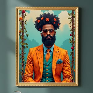 Black Man Orange Suit Portrait Print, Afrocentric Art Decor, Father's Day Gift for Him, Black Excellence Art, Instant Download