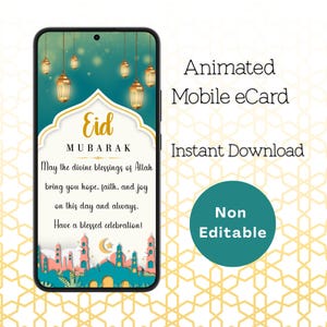 Cartão digital animado para Eid | MP4 com áudio | Saudação islâmica para Eid | Presente para Eid Al-Adha | Download instantâneo, Eid Mubarak, Eid Adha
