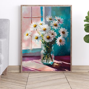 Watercolor Daisy Bouquet Print - Floral Printable Wall Art - Spring Home Decor Digital Download - Vase Flower Art Gift Idea - Daisy vase