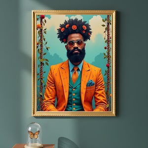 Retrato de hombre negro con traje naranja, lámina decorativa de arte afrocéntrico, regalo para el Día del Padre, arte de excelencia negra, descarga instantánea.