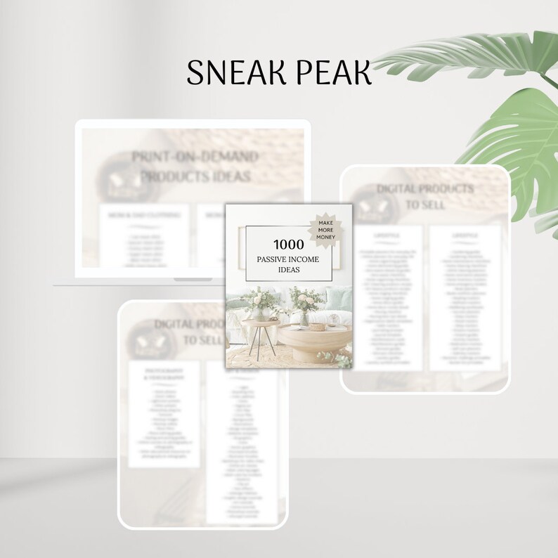 May include: A digital product mockup with the text "1000 Passive Income Ideas" and a small gold star with the text "Make More Money". The mockup is set against a blurred background of a living room with a coffee table and a couch.